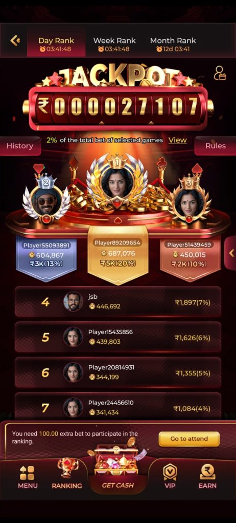 IC7 Game jackpot leaderboard showing daily, weekly, and monthly player rankings.